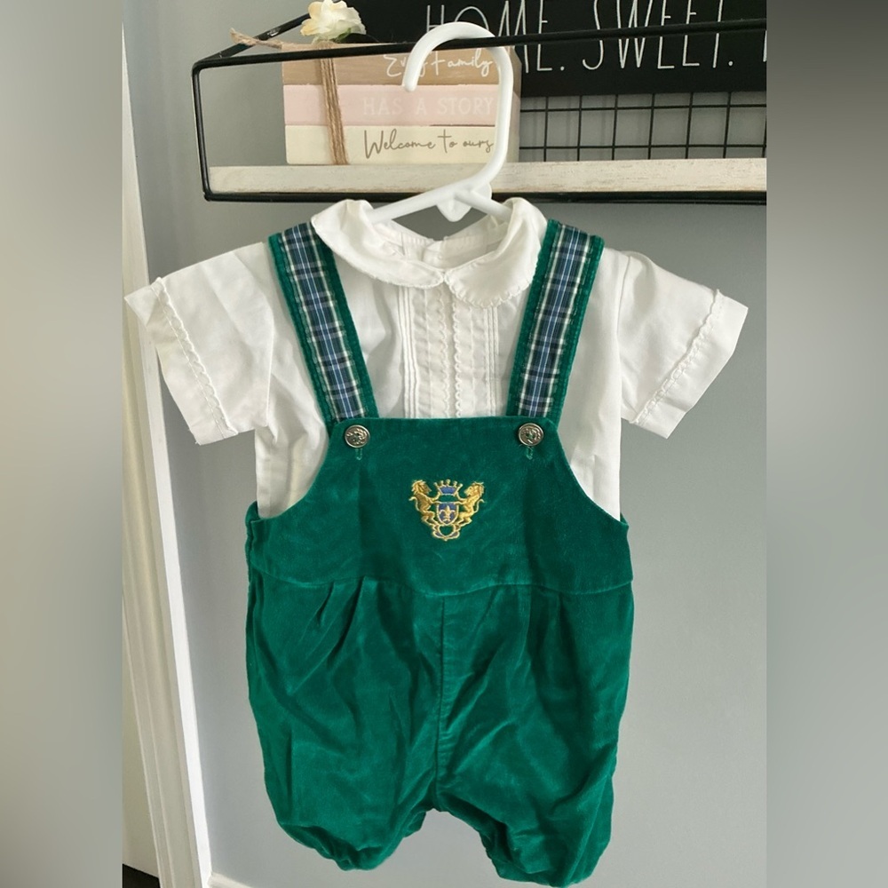 Vintage Kids Green Overalls with Plaid Straps